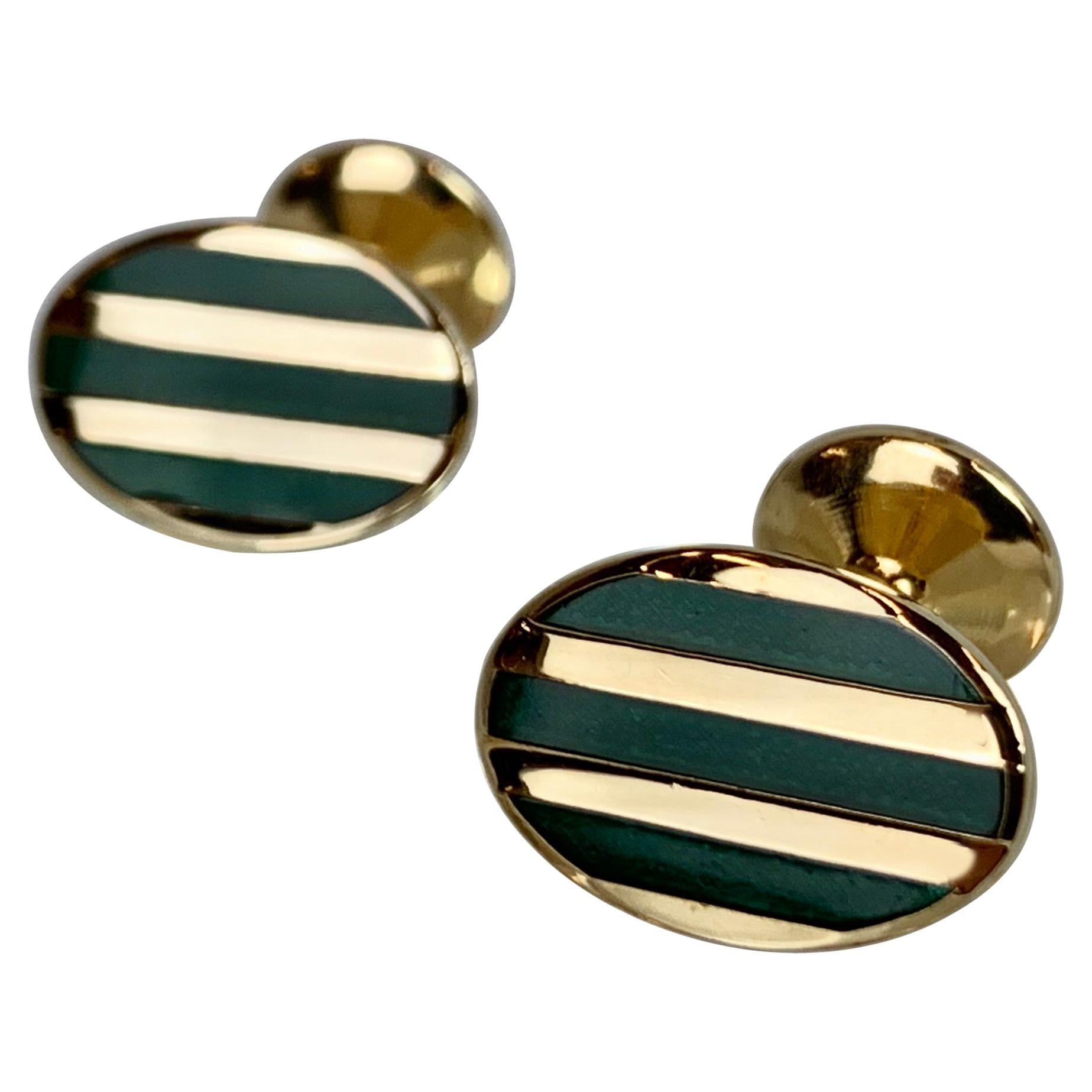 Oval Cufflinks with High Fired Green Enamel Stripes-Gold Filled 