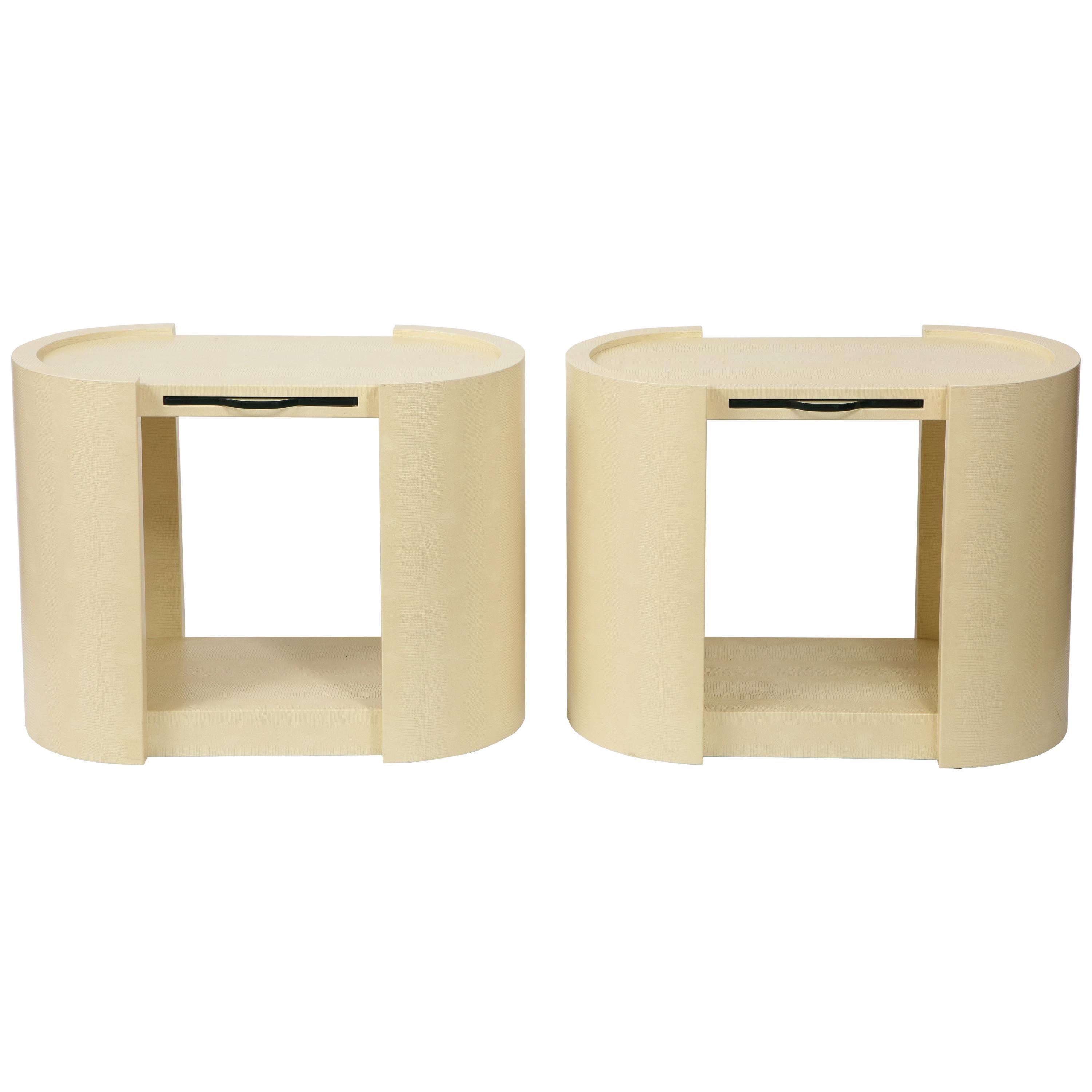 Pair of Oval Karl Springer Embossed Leather Side Tables