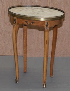 Pair of Oval Oak Single Drawer Marble-Topped Brass Gallery Rail Side End Tables