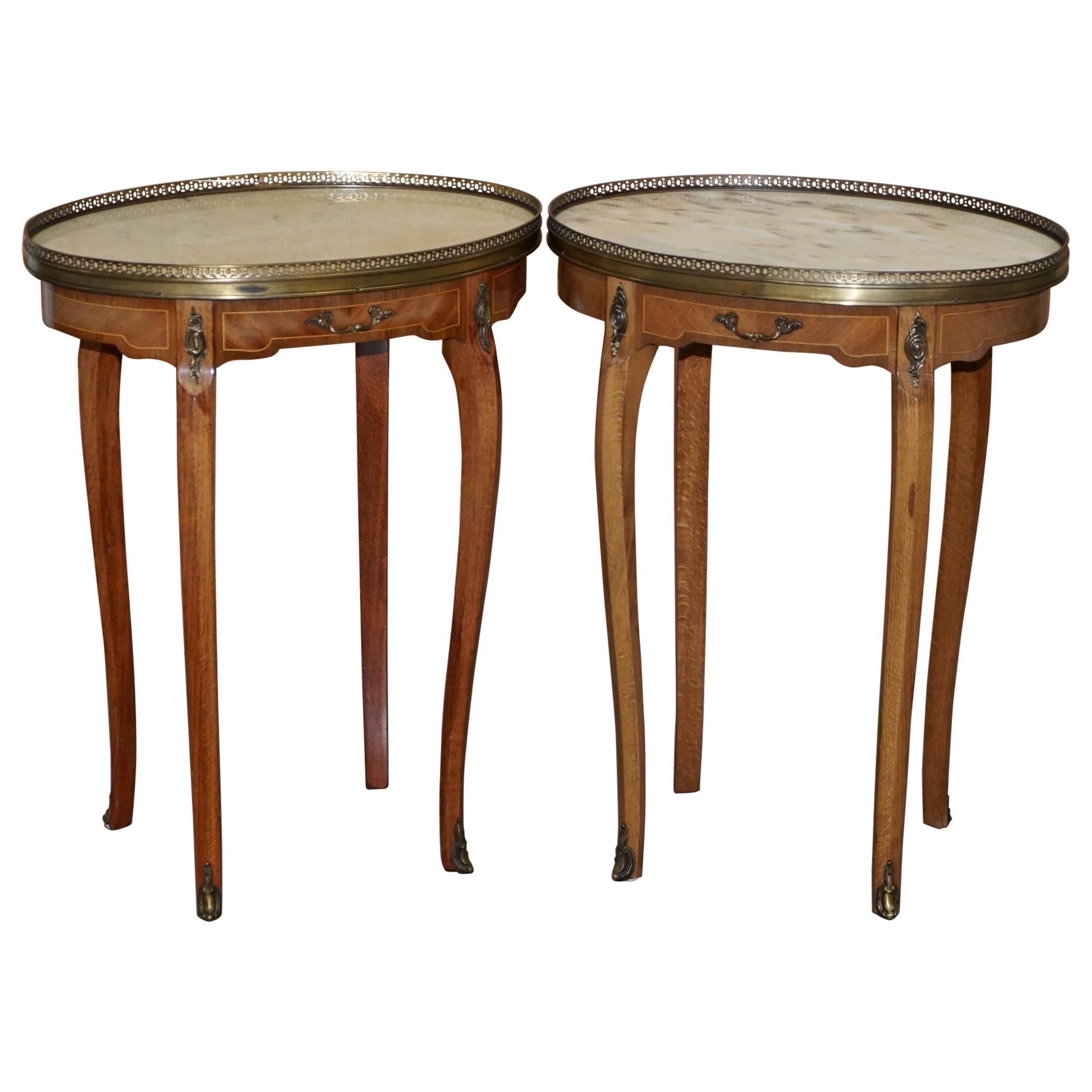 Pair of Oval Oak Single Drawer Marble-Topped Brass Gallery Rail Side End Tables
