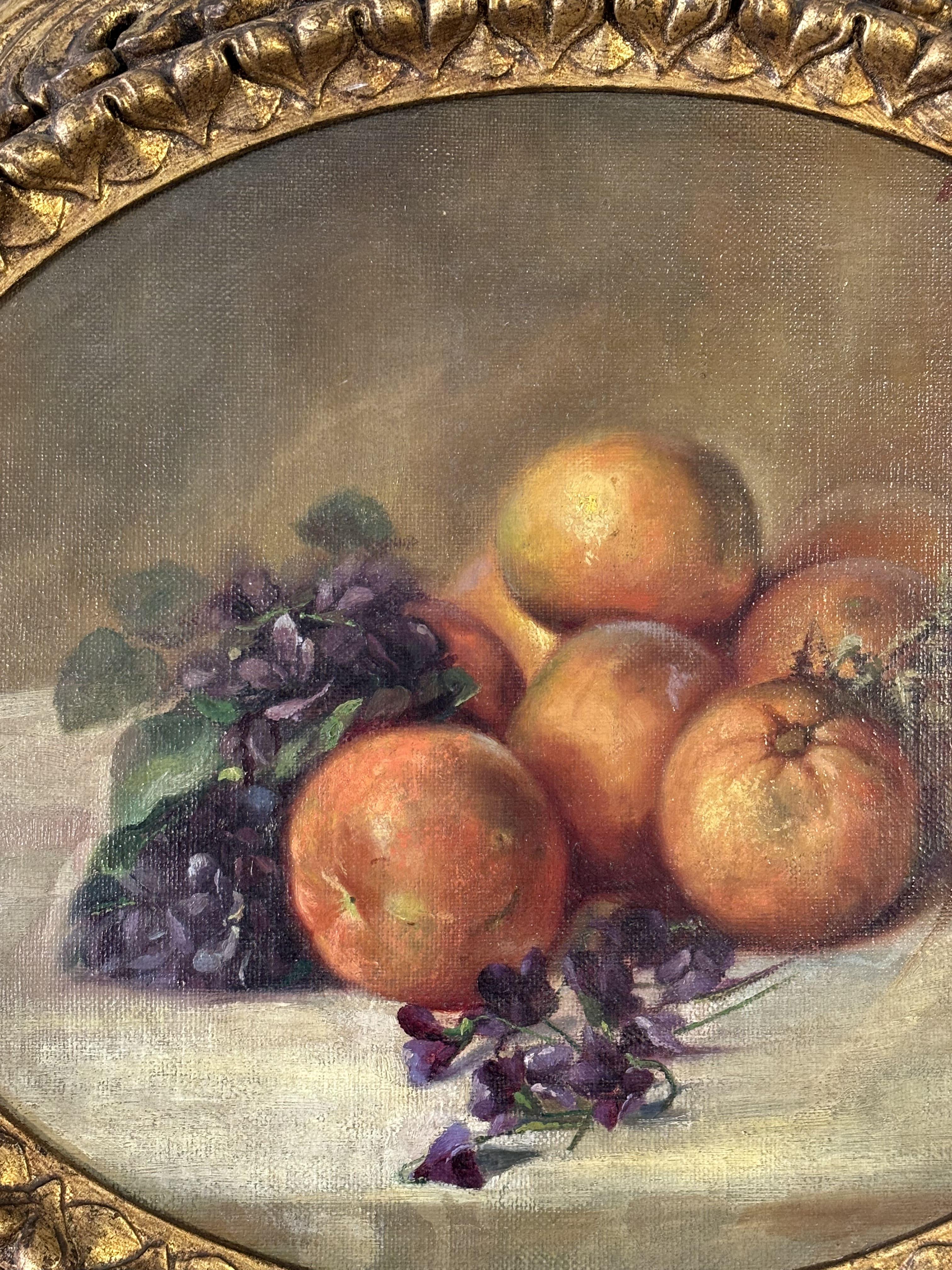 Legno dorato Coppia di oli ovali su tela, nature morte, firmati Piero Galanti, XX secolo. in vendita