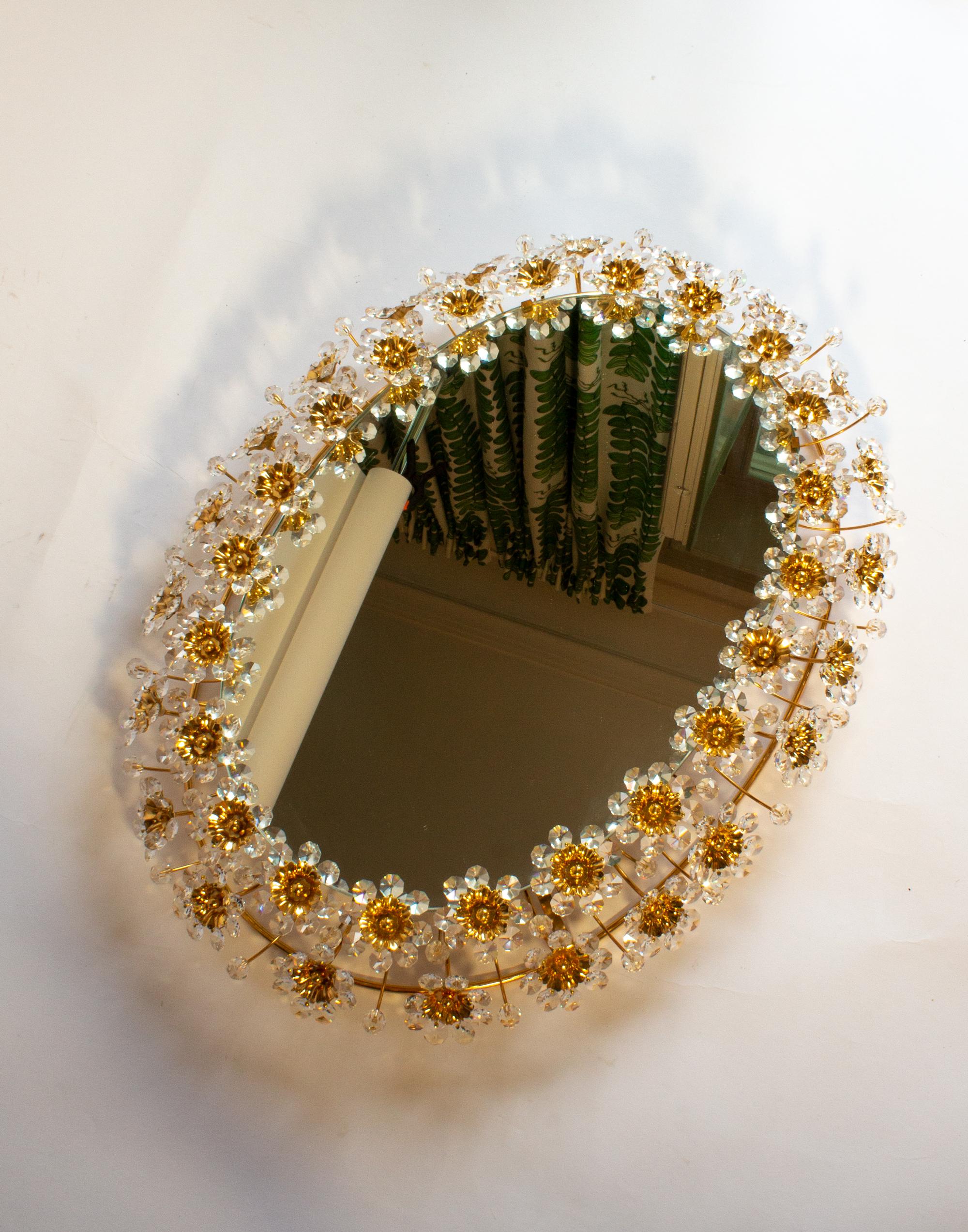 German Pair of Oval Palwa Backlight Mirrors with Guilt Brass and Crystal Flowers For Sale