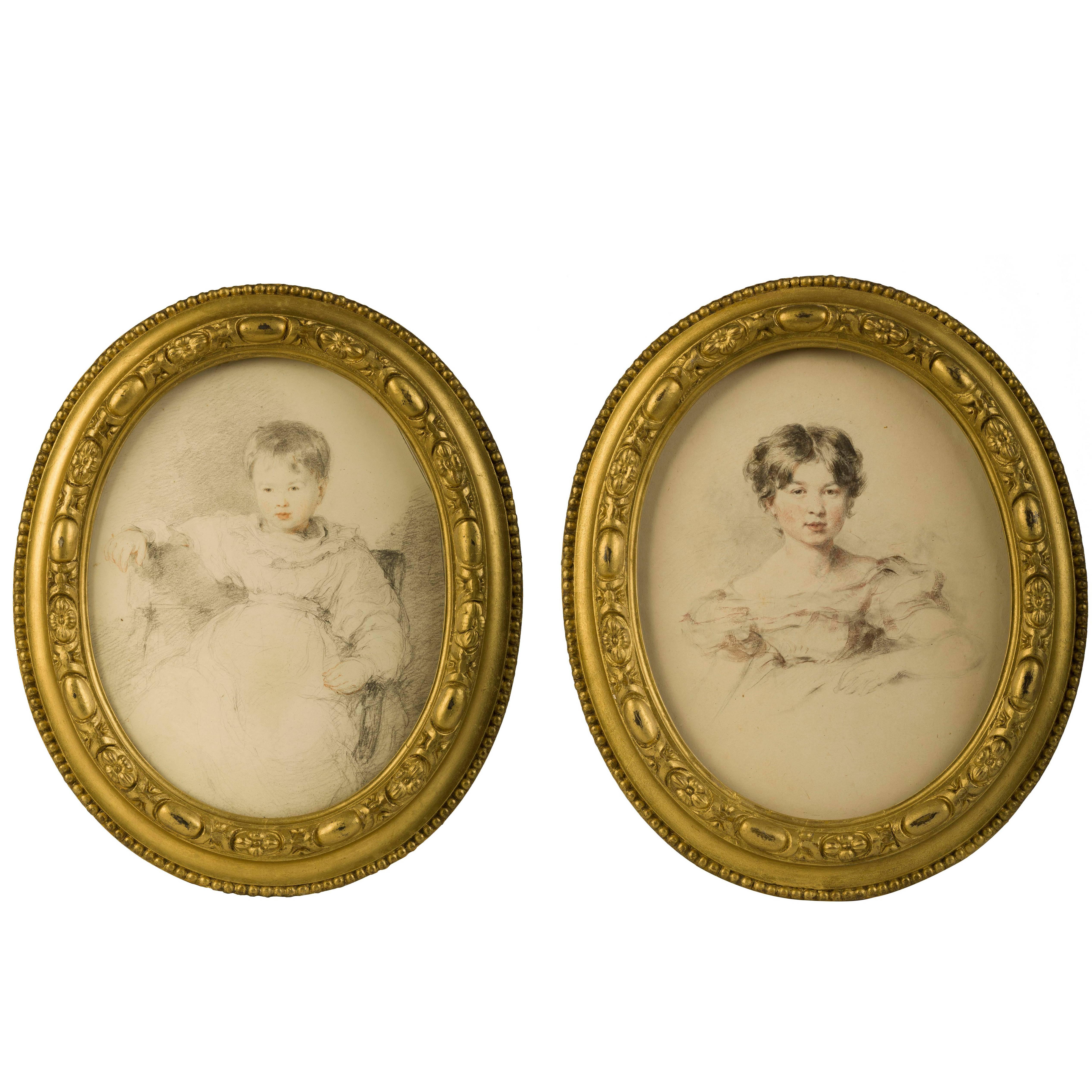 Paire de portraits ovales d'enfants, école de Thomas Lawrence