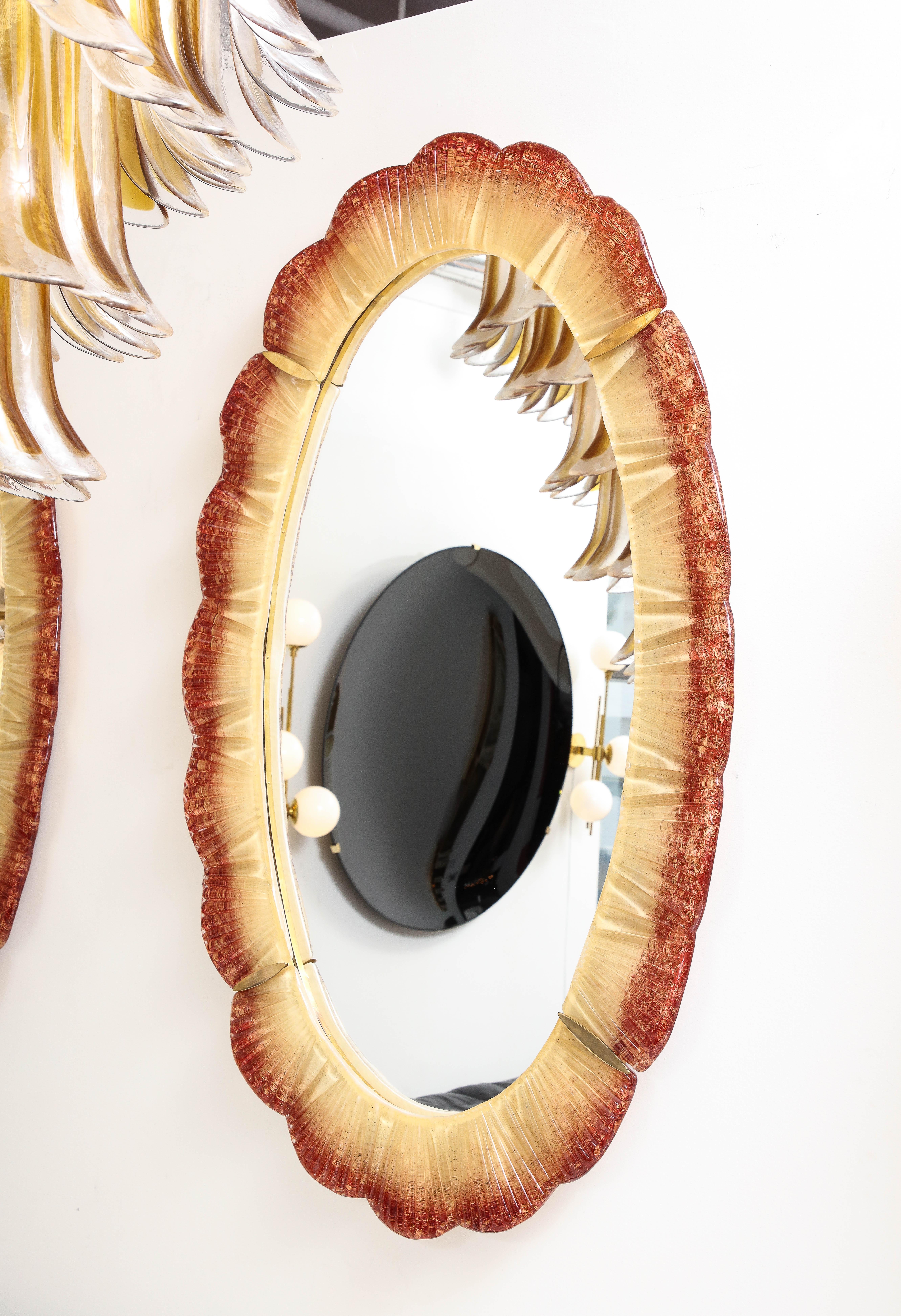Pair of Oval Scalloped Murano Glass and Brass Mirrors in Red Amber and Gold  In New Condition For Sale In New York, NY