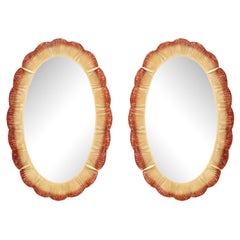 Pair of Oval Scalloped Murano Glass and Brass Mirrors in Red Amber and Gold