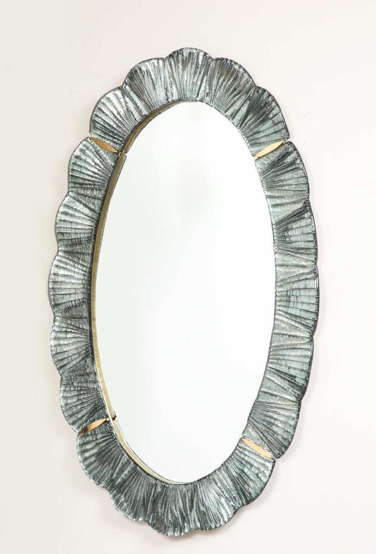Pair of Oval Scalloped Murano Glass and Brass Mirrors in Soft Blue Green, Italy For Sale 4