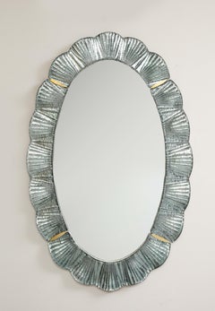 Pair of Oval Scalloped Murano Glass and Brass Mirrors in Soft Blue Green, Italy