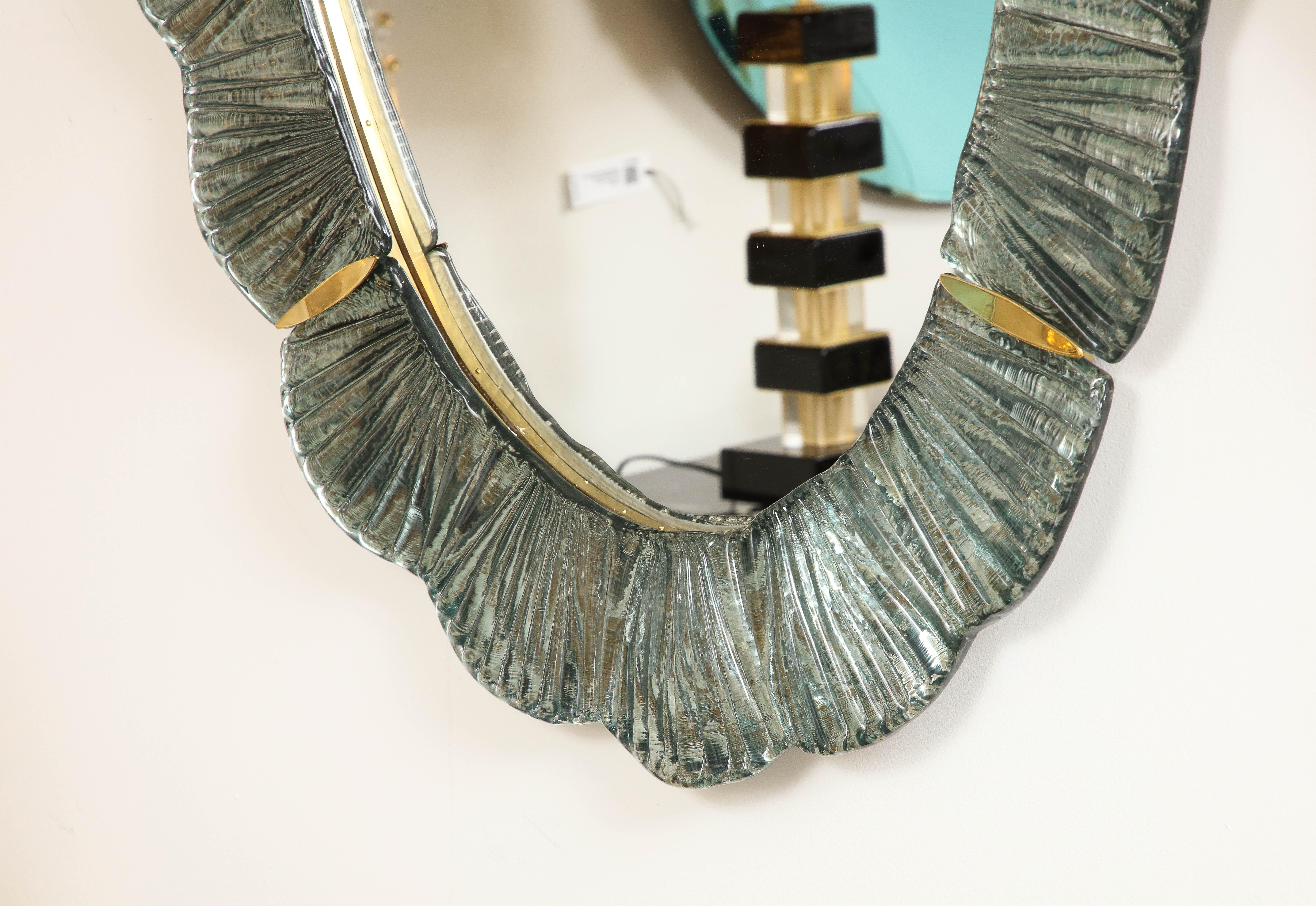 Mid-Century Modern Pair of Oval Scalloped Murano Glass and Brass Mirrors in Soft Blue Green, Italy