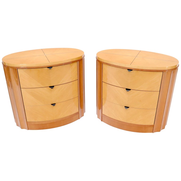 Pair of Oval Shape Scallop Sides Inlaid Top 3Drawer Nightstands End
