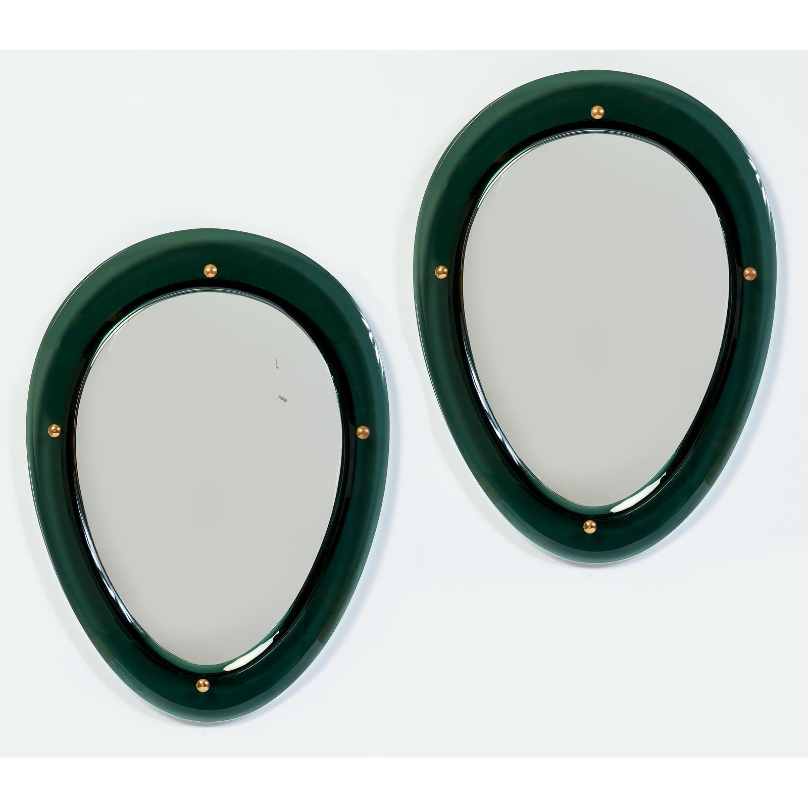 Mid-Century Modern Pair of Oval Shaped Colored Glass Mirrors, Italy, 1950s