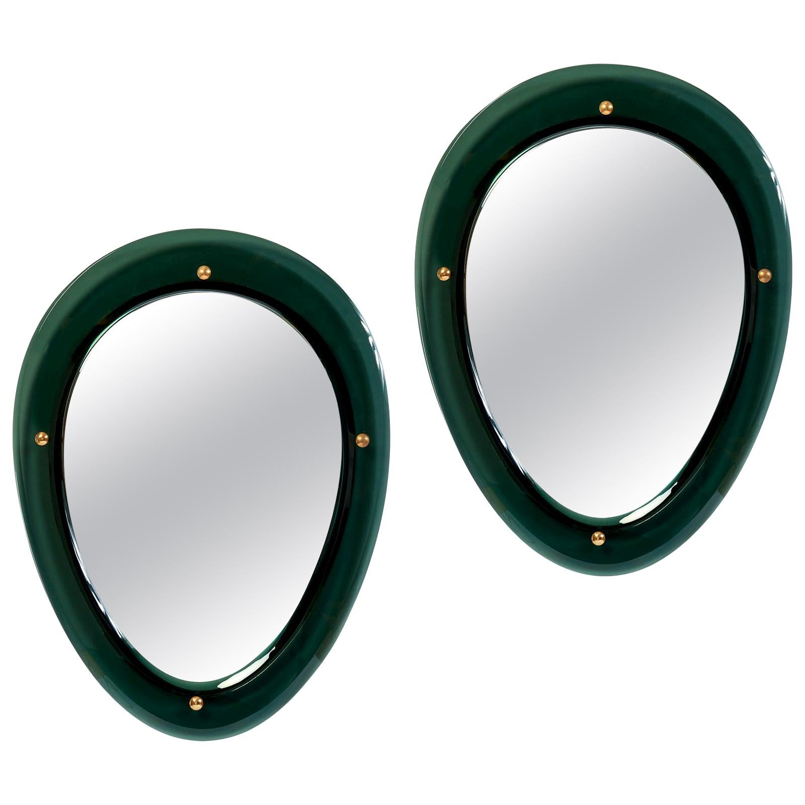 Pair of Oval Shaped Colored Glass Mirrors, Italy, 1950s