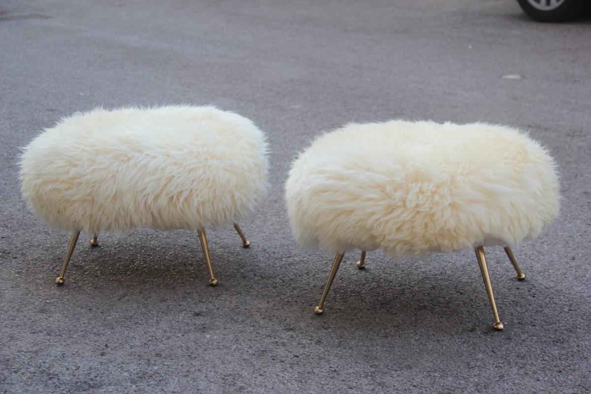 Pair of Ovals Stools Sheep Mid-Century Modern Italian Design Brass Feet, 1950 In Good Condition In Palermo, Sicily