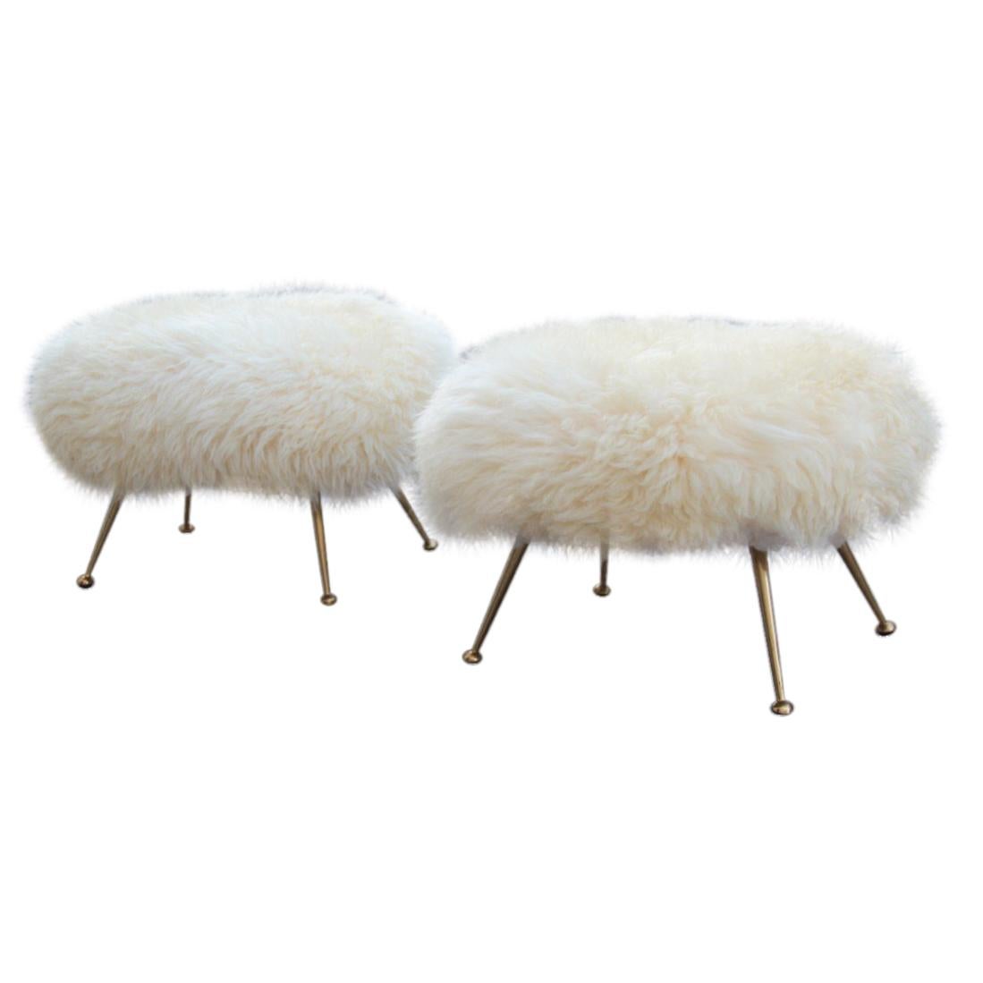 Pair of Ovals Stools Sheep Mid-Century Modern Italian Design Brass Feet, 1950