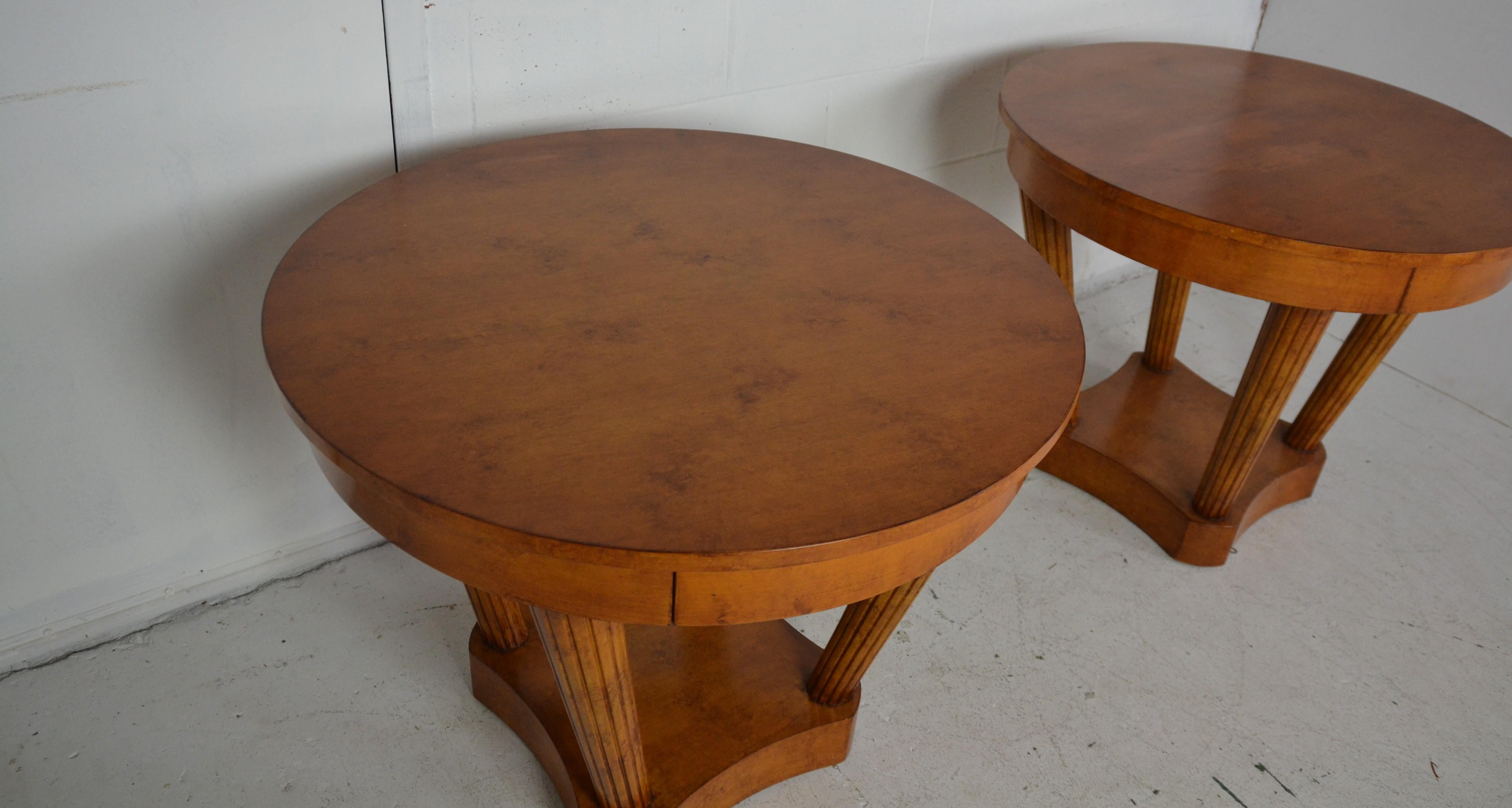 Pair of large hardwood end tables with platform bases. Single drawer to each.