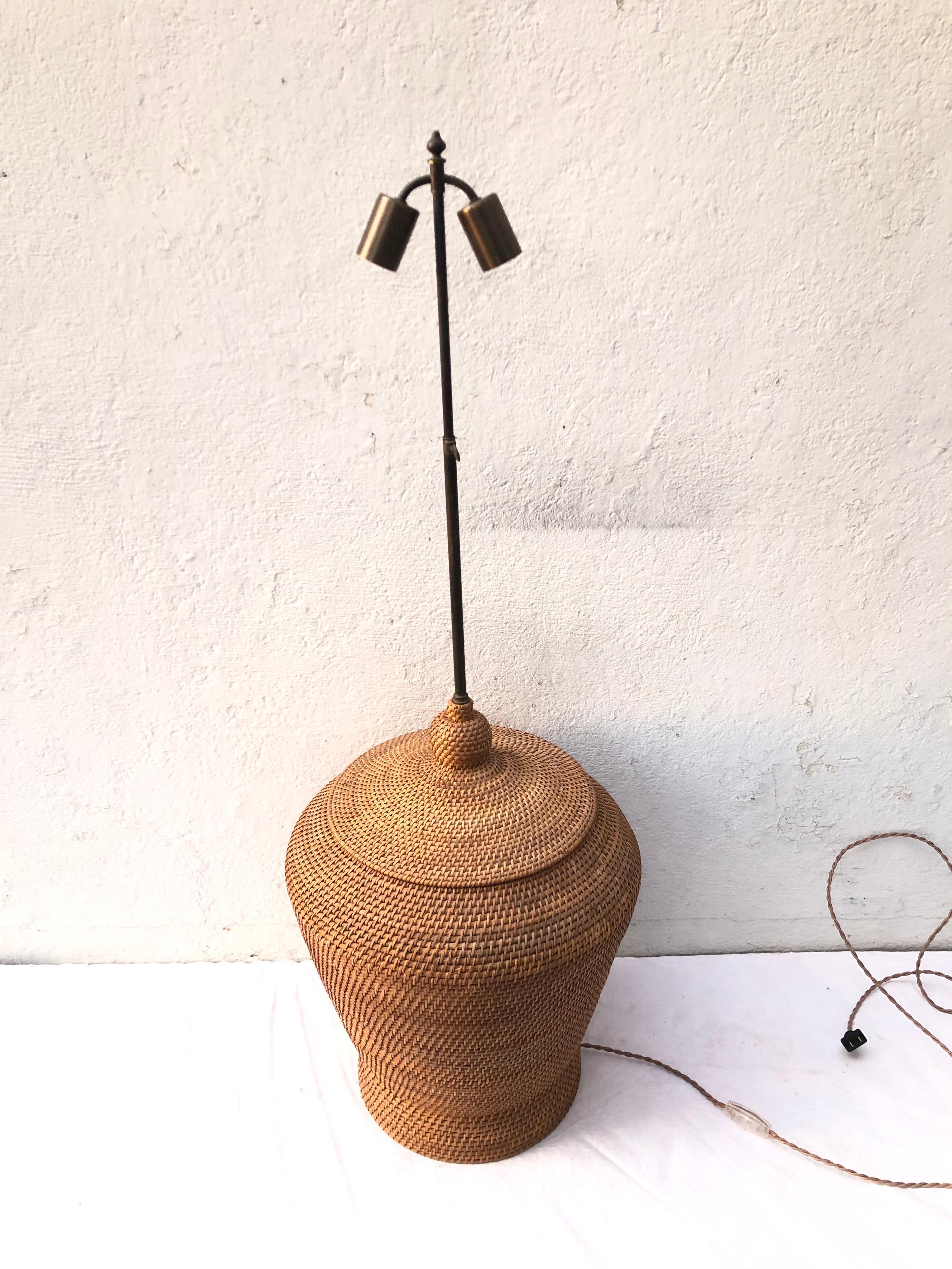 Pair of Oversize Basket Weave Rattan Lamps For Sale 2