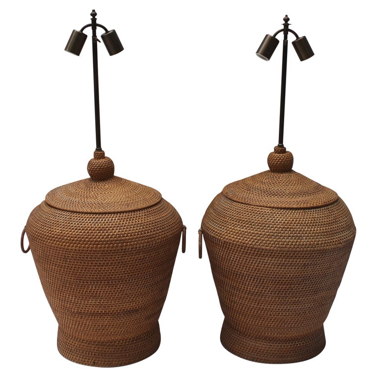 Pair of Oversize Basket Weave Rattan Lamps For Sale at 1stDibs