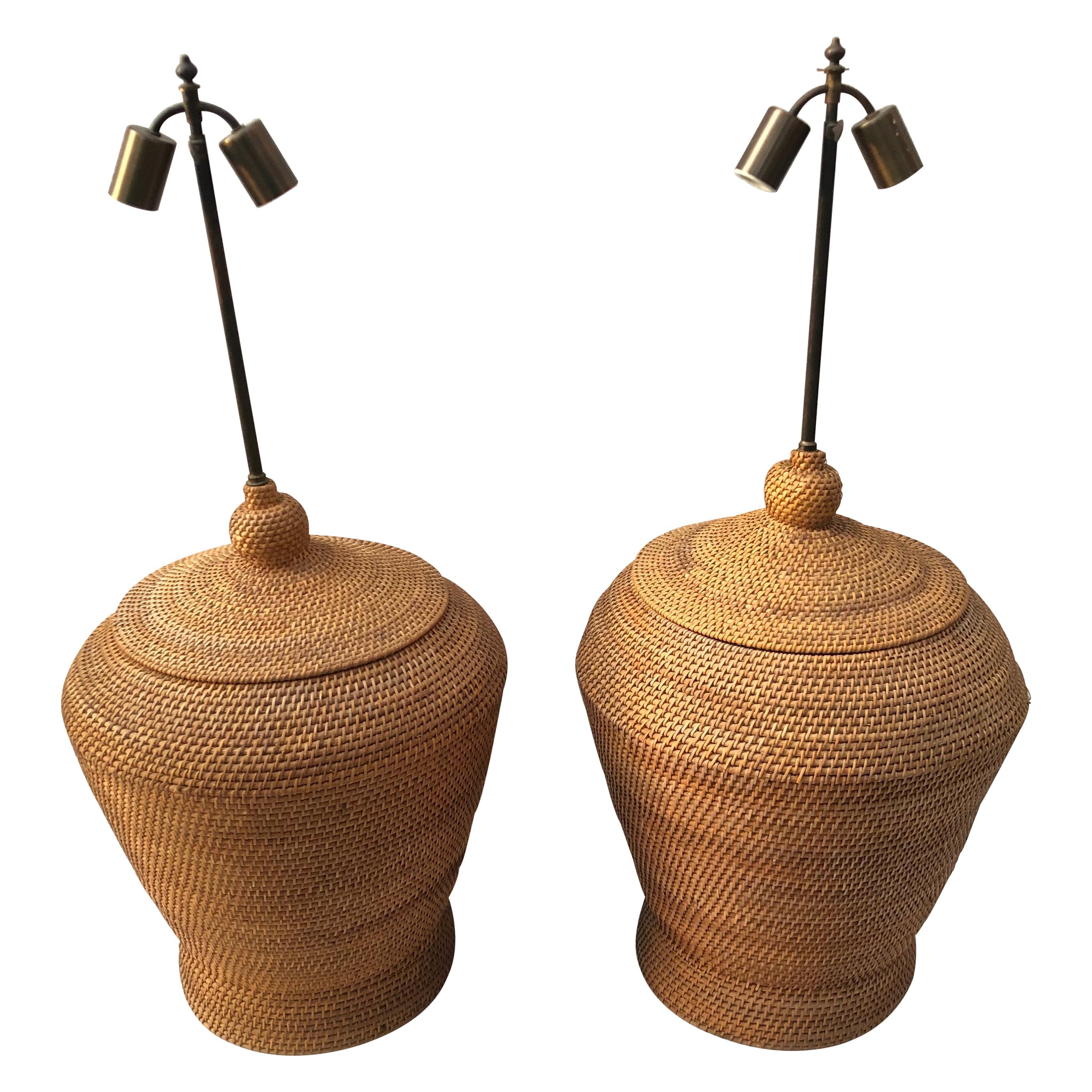 Pair of Oversize Basket Weave Rattan Lamps For Sale