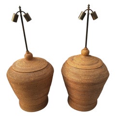 Vintage Pair of Oversize Basket Weave Rattan Lamps