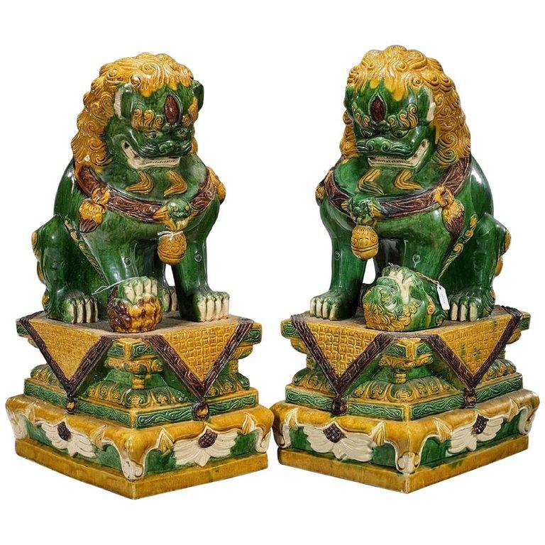 Asian Pair of Oversize Chinese Sancai Glazed Foo Dogs on Pedestals For Sale