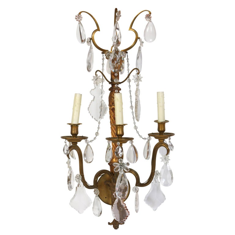 Pair of Oversize Triple Arm Giltwood Sconces with Hanging Crystals For