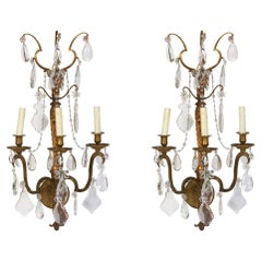 Pair of Oversize Triple Arm Giltwood Sconces with Hanging Crystals