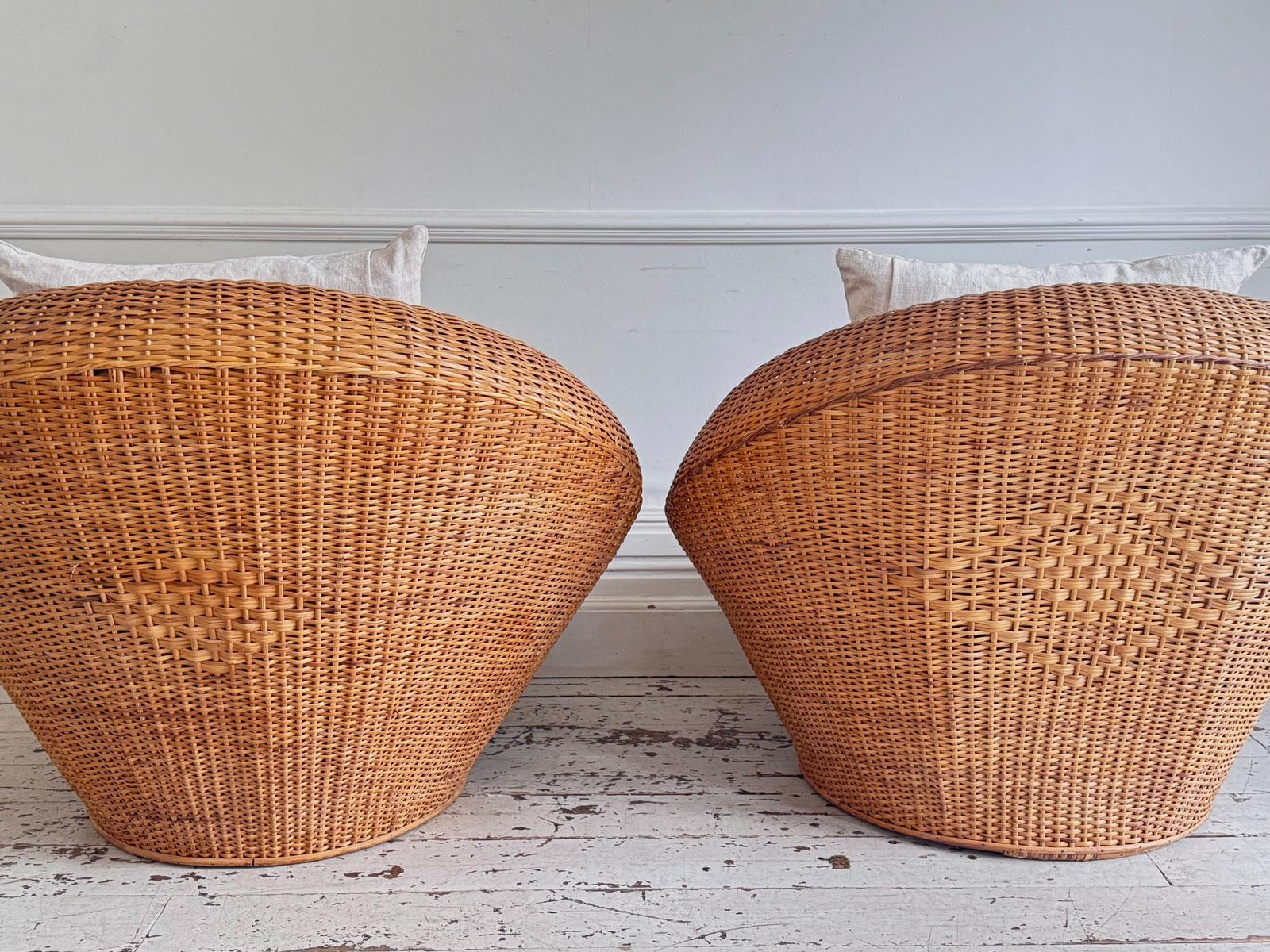 Pair of Oversized 1970s French Round Rattan Lounge Chairs with Feather Cushions For Sale 5