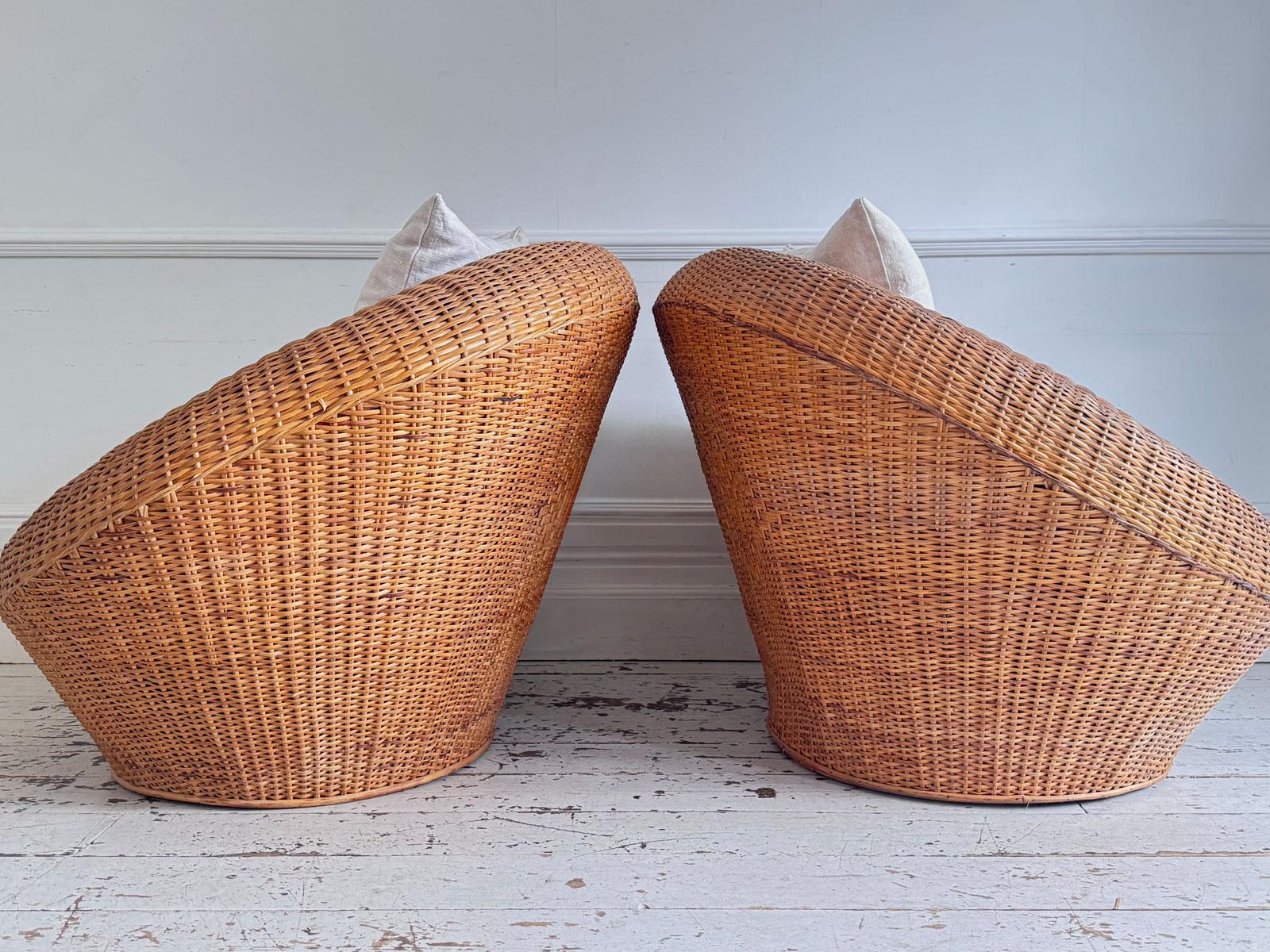 Pair of Oversized 1970s French Round Rattan Lounge Chairs with Feather Cushions For Sale 6
