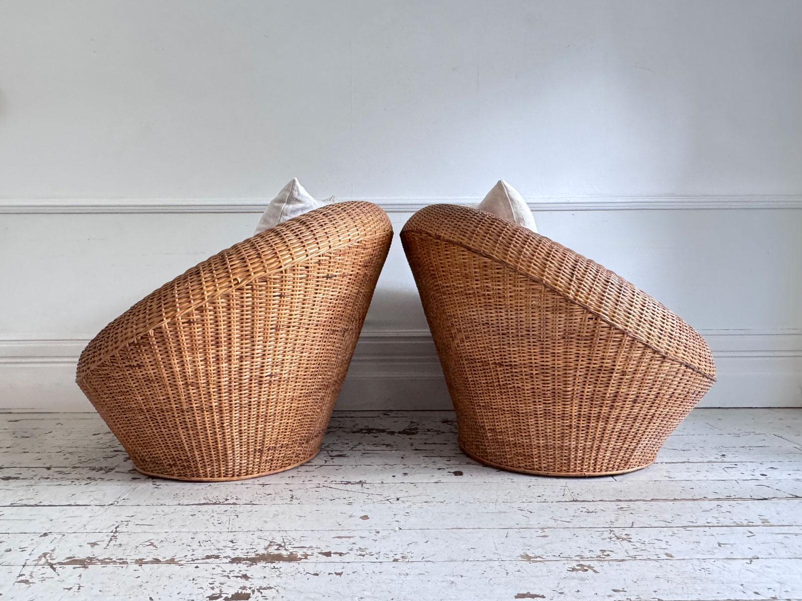 Pair of Oversized 1970s French Round Rattan Lounge Chairs with Feather Cushions For Sale 7