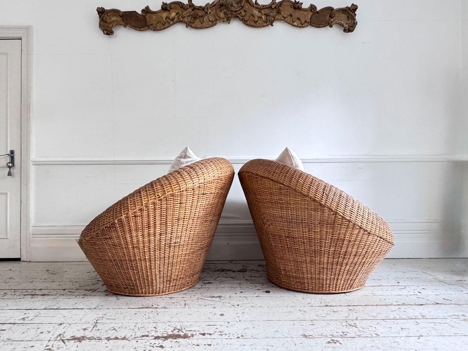Pair of Oversized 1970s French Round Rattan Lounge Chairs with Feather Cushions For Sale 8