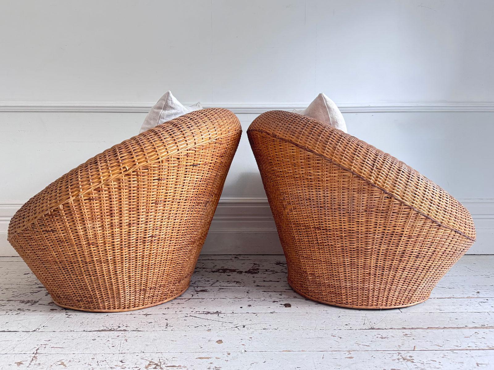 Pair of Oversized 1970s French Round Rattan Lounge Chairs with Feather Cushions For Sale 9