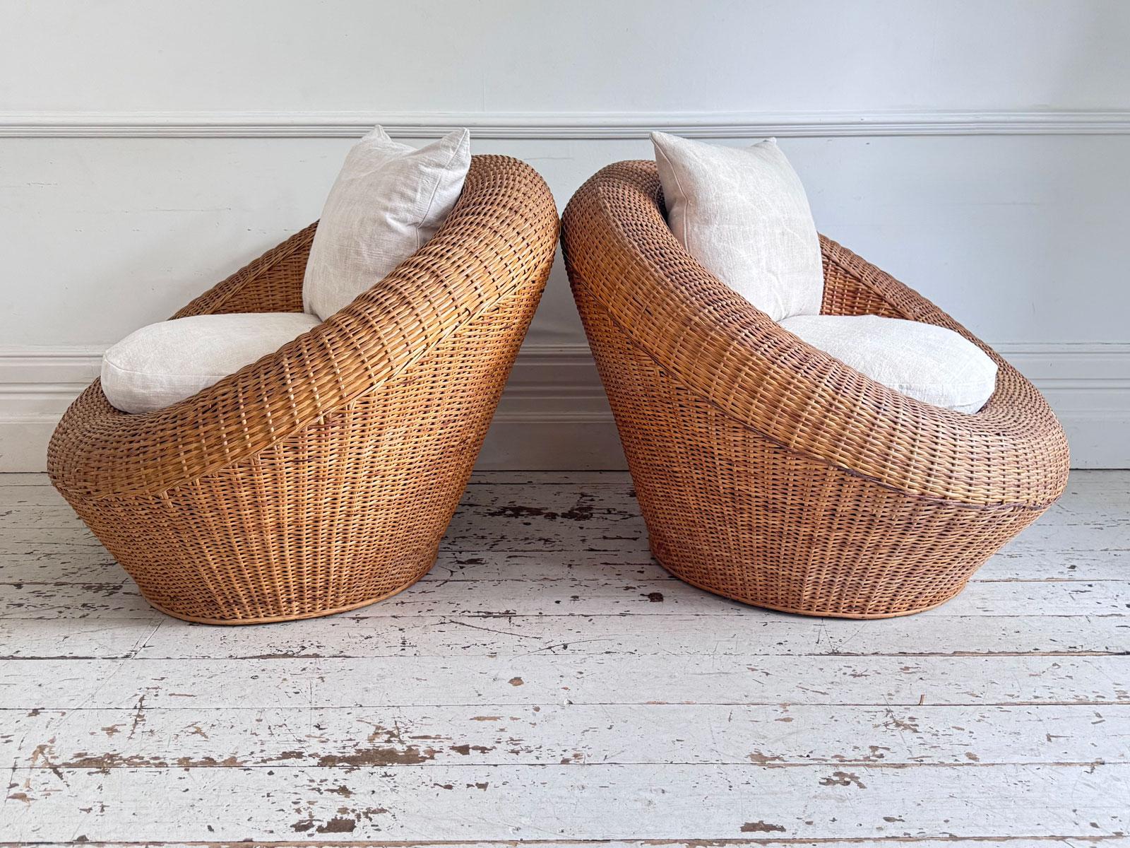 Pair of Oversized 1970s French Round Rattan Lounge Chairs with Feather Cushions For Sale 10
