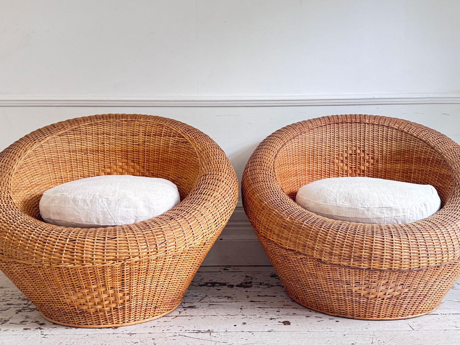 Pair of Oversized 1970s French Round Rattan Lounge Chairs with Feather Cushions For Sale 12