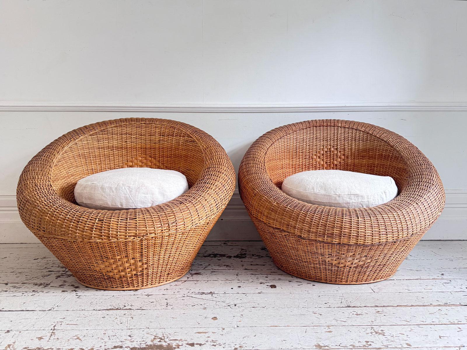 Pair of Oversized 1970s French Round Rattan Lounge Chairs with Feather Cushions For Sale 13