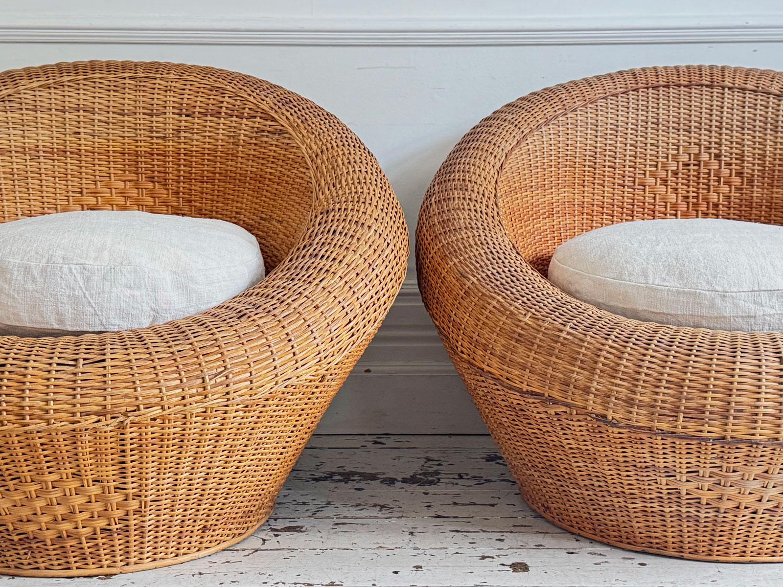 Pair of Oversized 1970s French Round Rattan Lounge Chairs with Feather Cushions For Sale 14