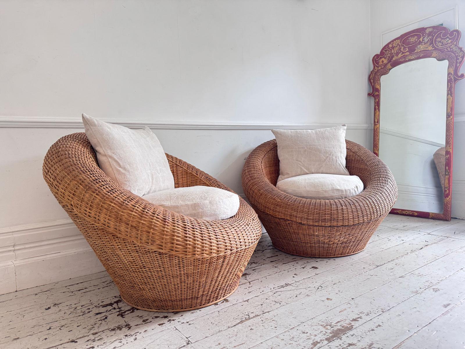 Raffia Pair of Oversized 1970s French Round Rattan Lounge Chairs with Feather Cushions For Sale