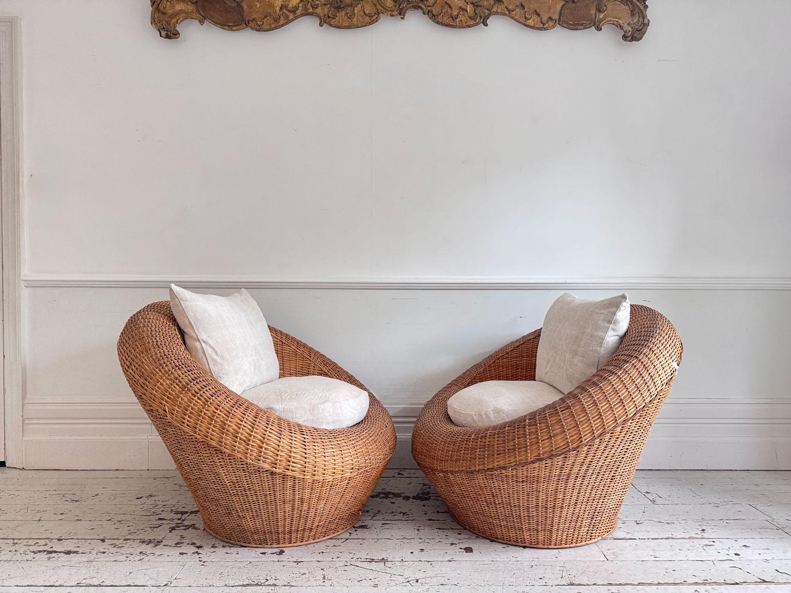 Pair of Oversized 1970s French Round Rattan Lounge Chairs with Feather Cushions For Sale 1