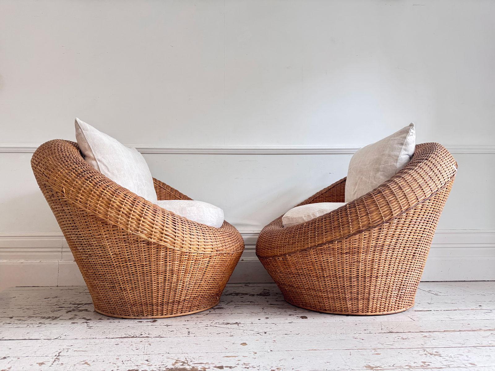 Pair of Oversized 1970s French Round Rattan Lounge Chairs with Feather Cushions For Sale 2