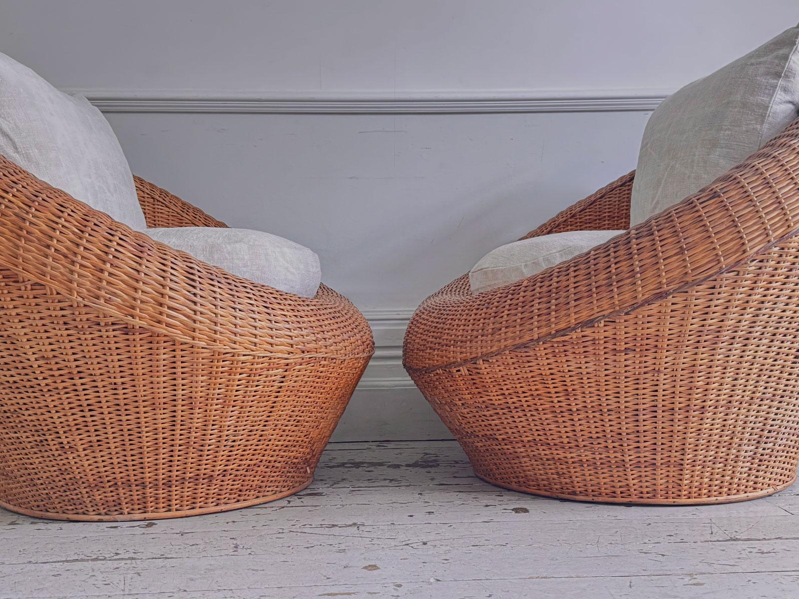 Pair of Oversized 1970s French Round Rattan Lounge Chairs with Feather Cushions For Sale 3