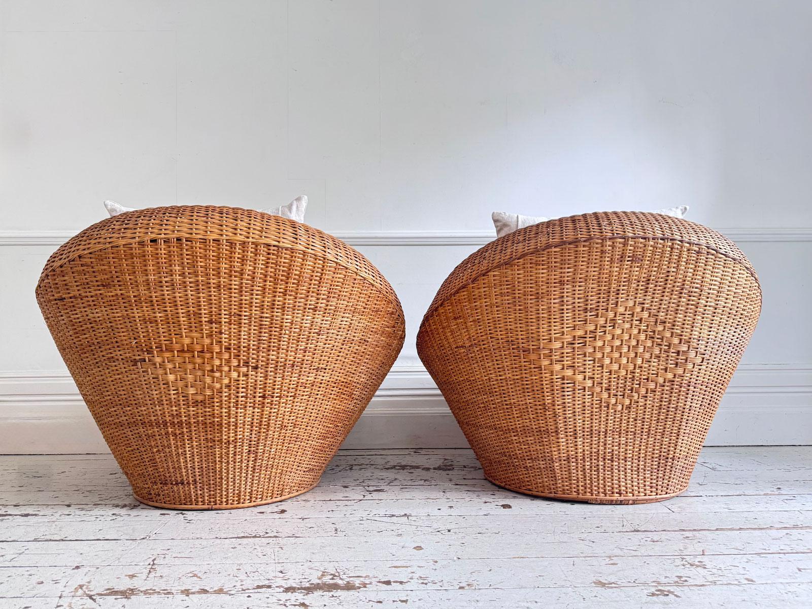 Pair of Oversized 1970s French Round Rattan Lounge Chairs with Feather Cushions For Sale 4