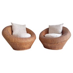 Pair of Oversized 1970s French Round Rattan Lounge Chairs with Feather Cushions