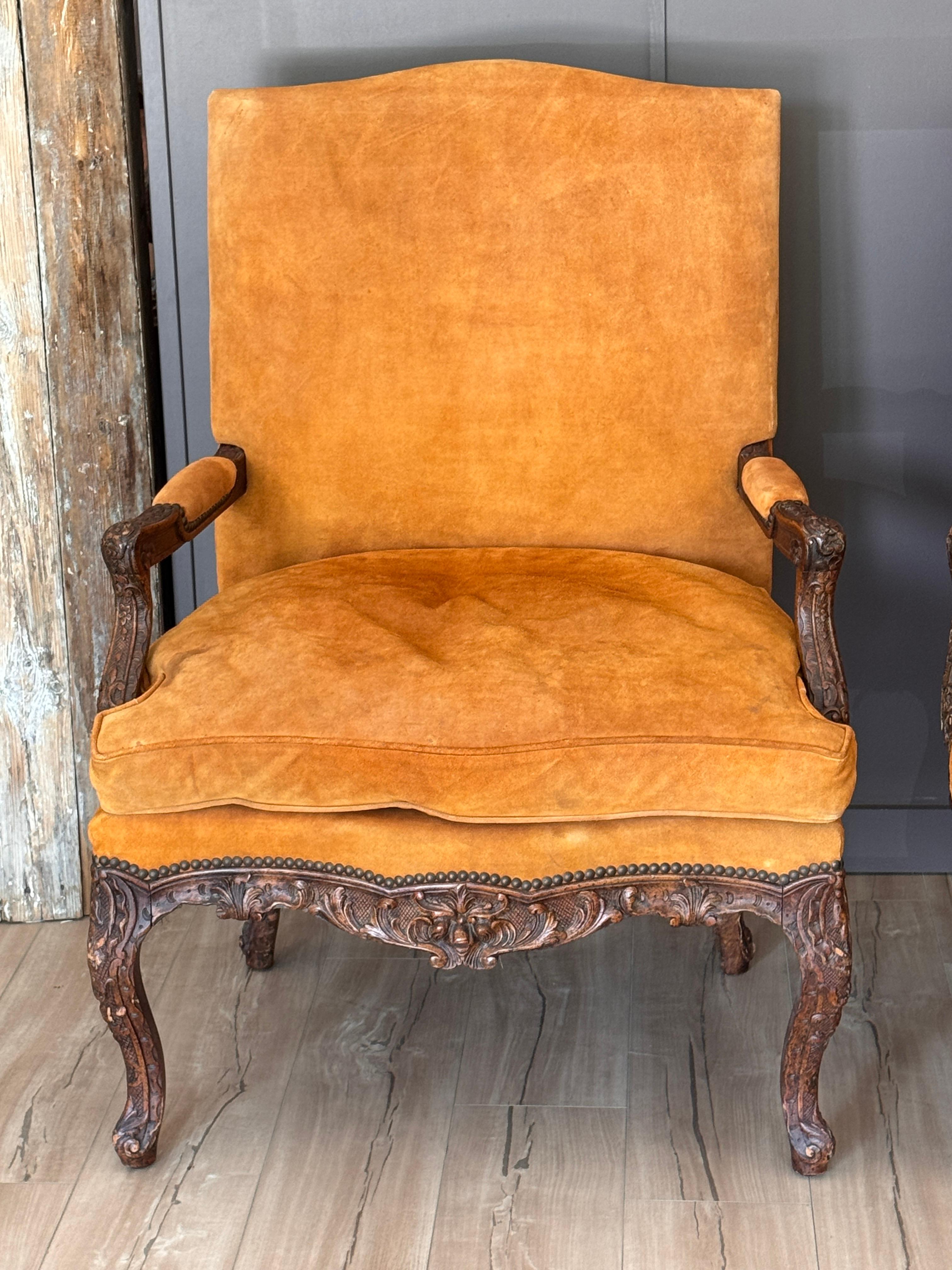 Leather Pair of Oversized 19th Century French Louis XV Style Armchairs For Sale