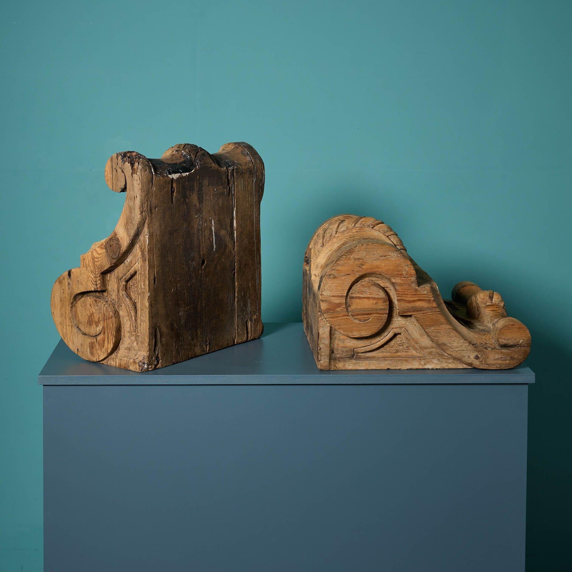 Wood Pair of Oversized Antique English Carved Pine Corbels For Sale