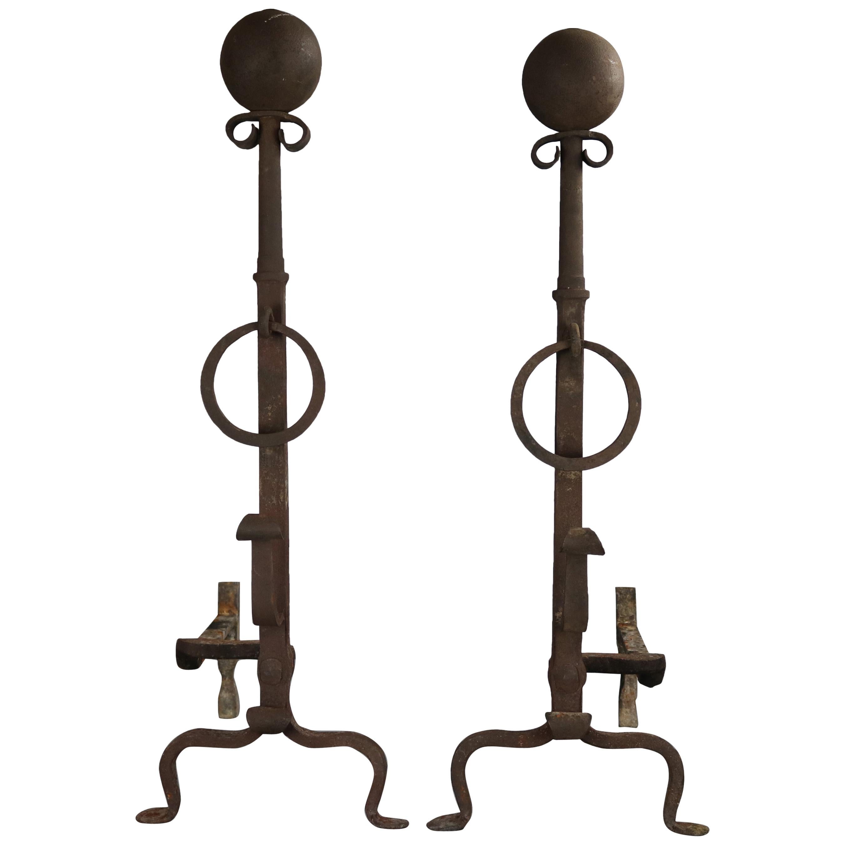 Pair of Oversized Arts & Crafts Wrought Iron Fireplace Andirons 19th Century