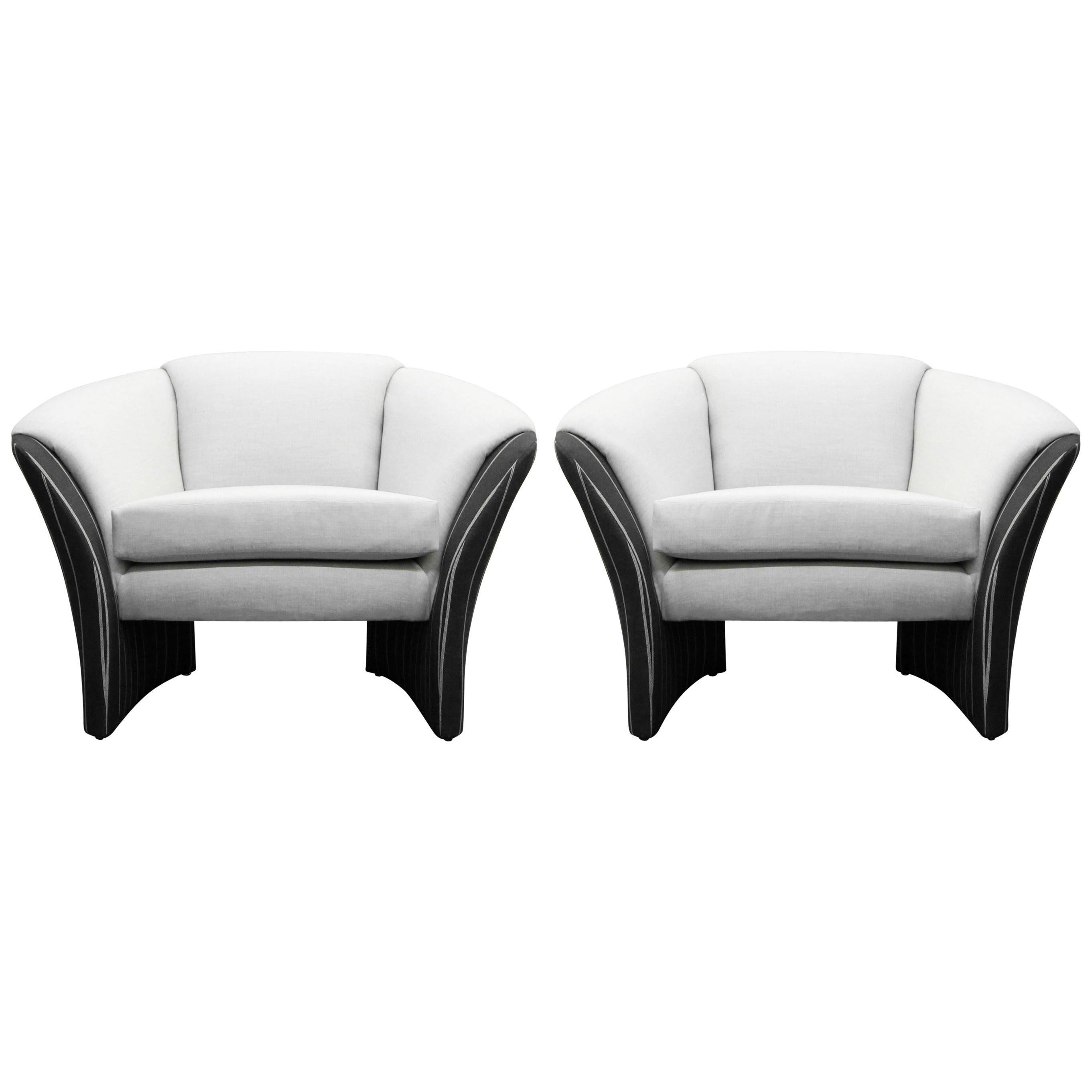 Pair of Oversized Barrel Back Italian Lounge Chairs with Splayed Arms