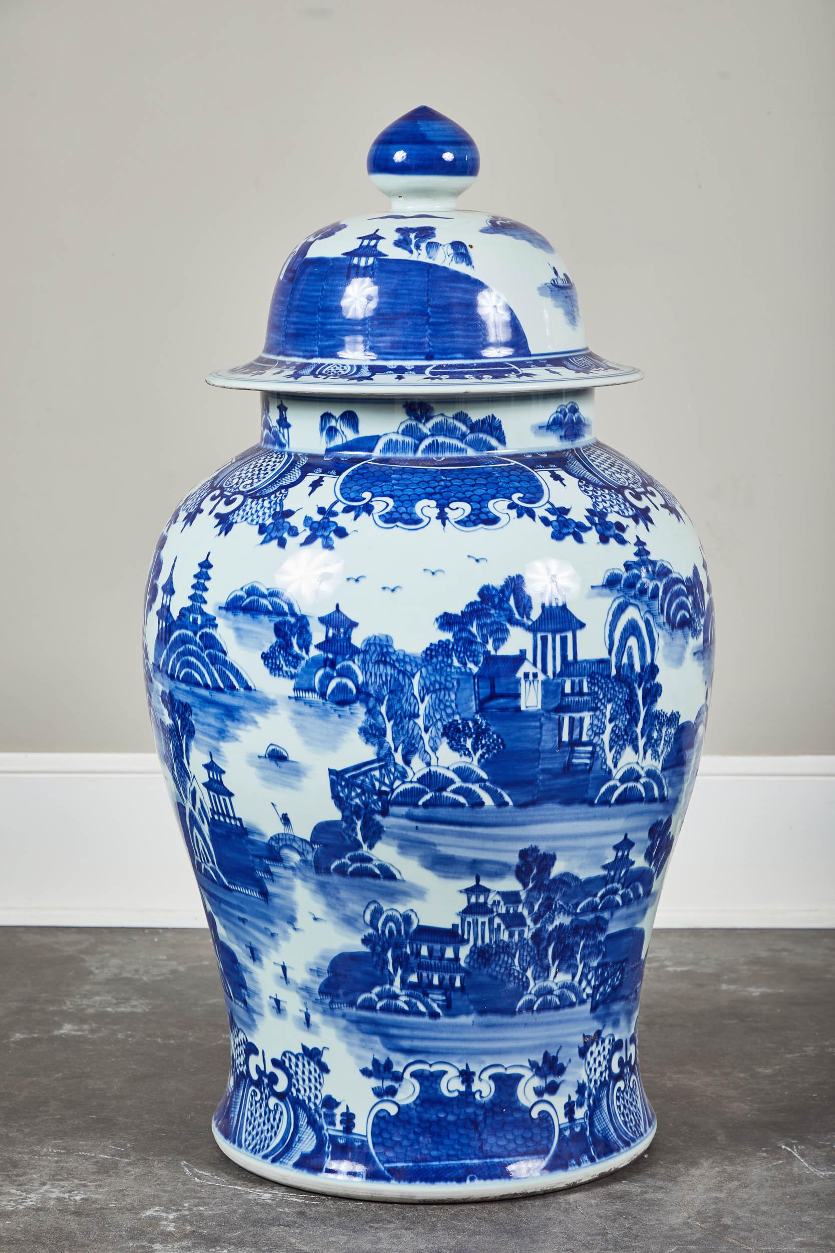 Chinese Export Pair of Oversized Blue and White Temple Jars