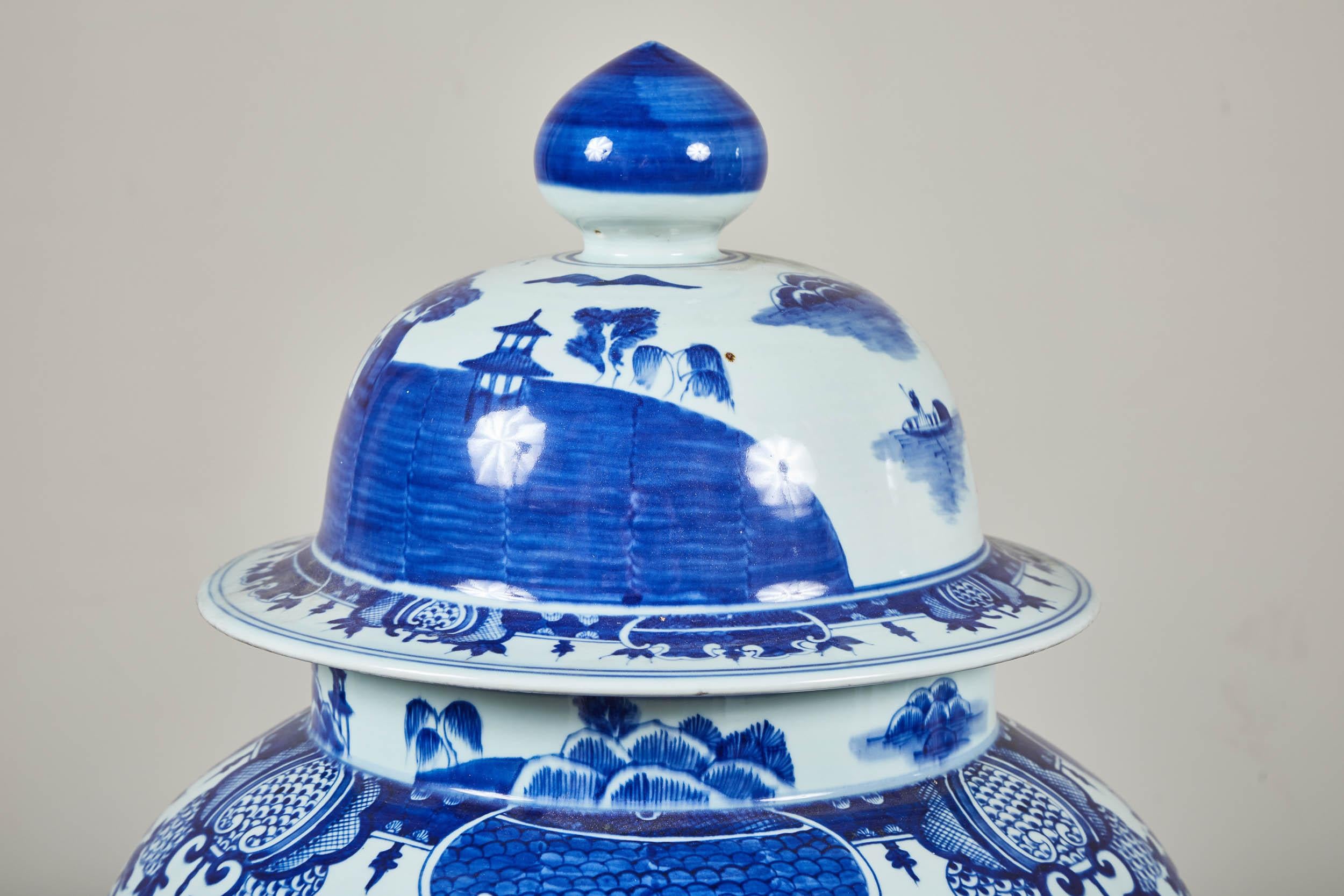 Chinese Pair of Oversized Blue and White Temple Jars