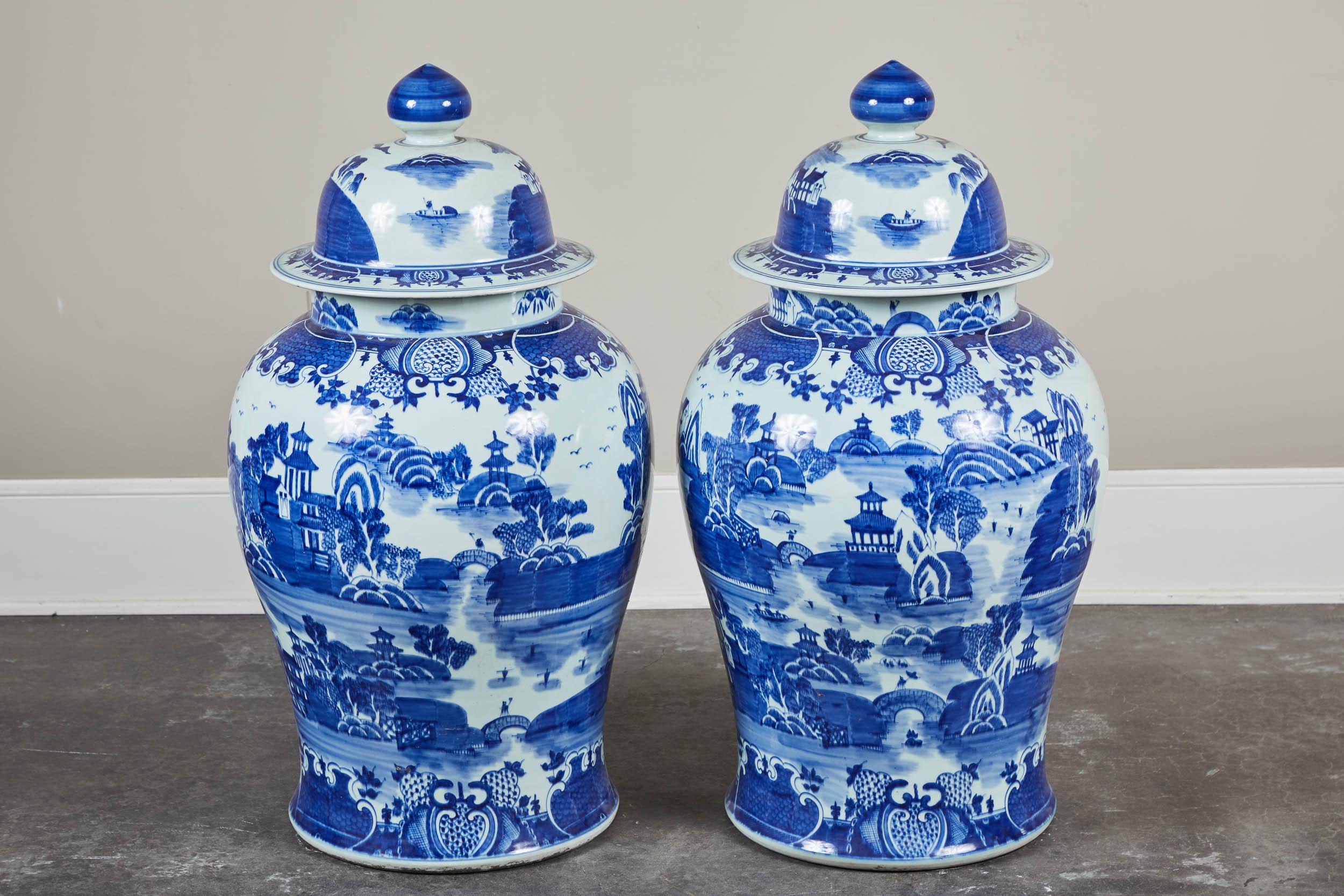 20th Century Pair of Oversized Blue and White Temple Jars