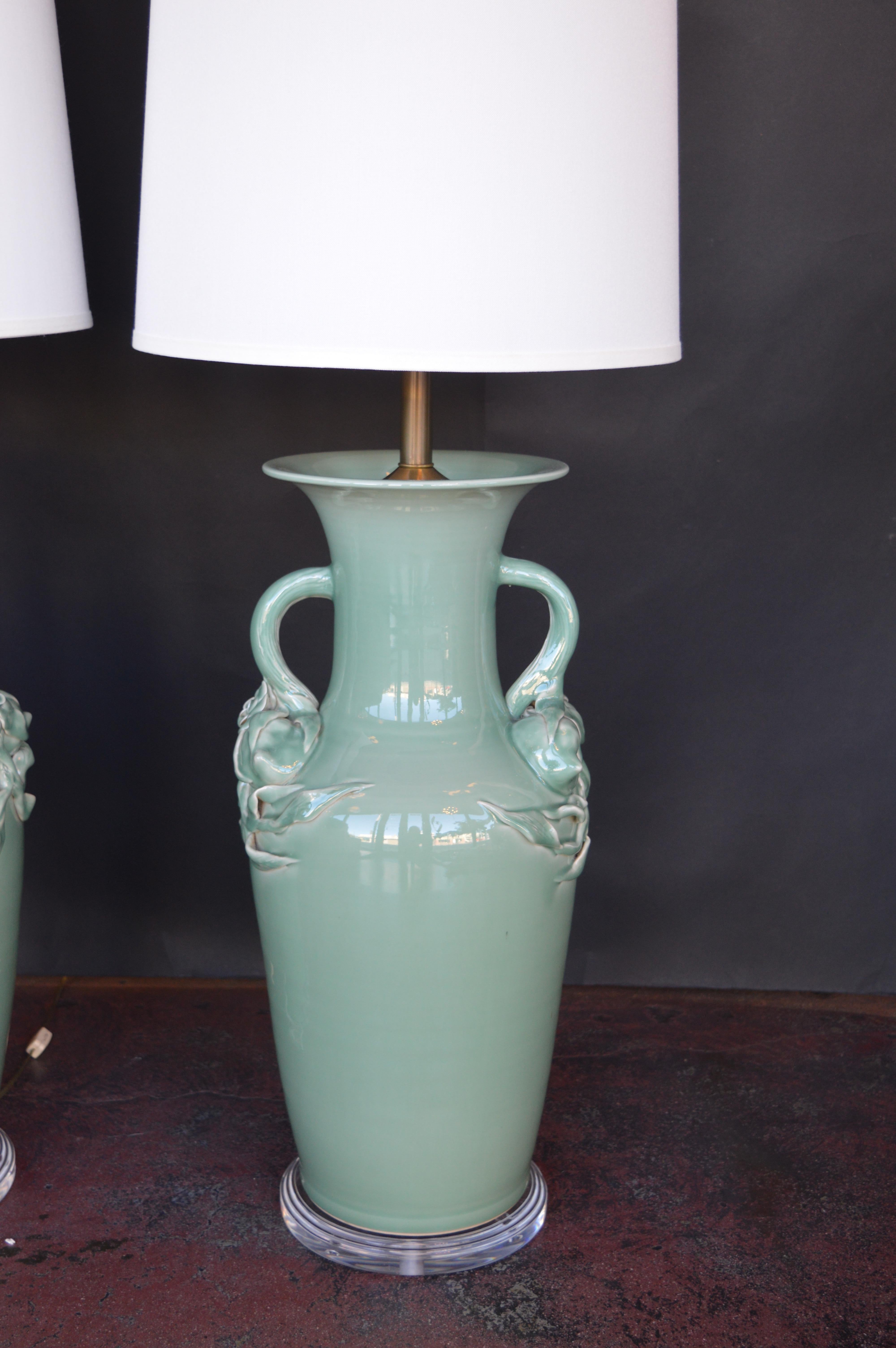 Pair of Oversized Celadon Glazed Table Lamps In Excellent Condition In Los Angeles, CA