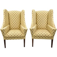 Pair of Oversized Custom Wingback Chairs with Pineapple Printed Yellow Fabric