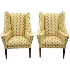 Vintage Pair of Oversized Custom Wingback Chairs with Pineapple Printed Yellow Fabric